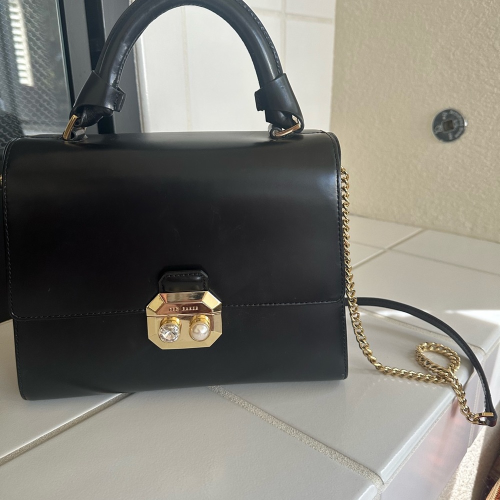 Ted Baker Black Leather Handbag with Retractable Gold Chain